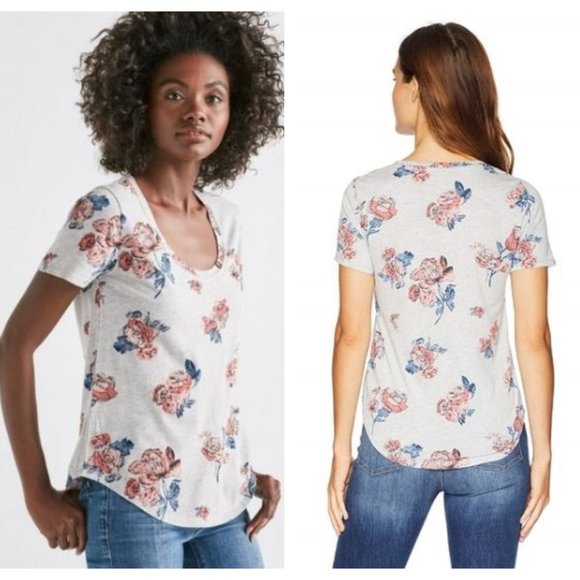 Lucky Brand Allover Rose Gray Floral Tee Shirt - Picture 1 of 6